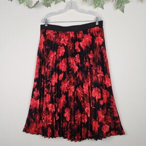 Anne Klein Size XL Pleated Accordion Red Black Floral Pull-on Midi Skirt